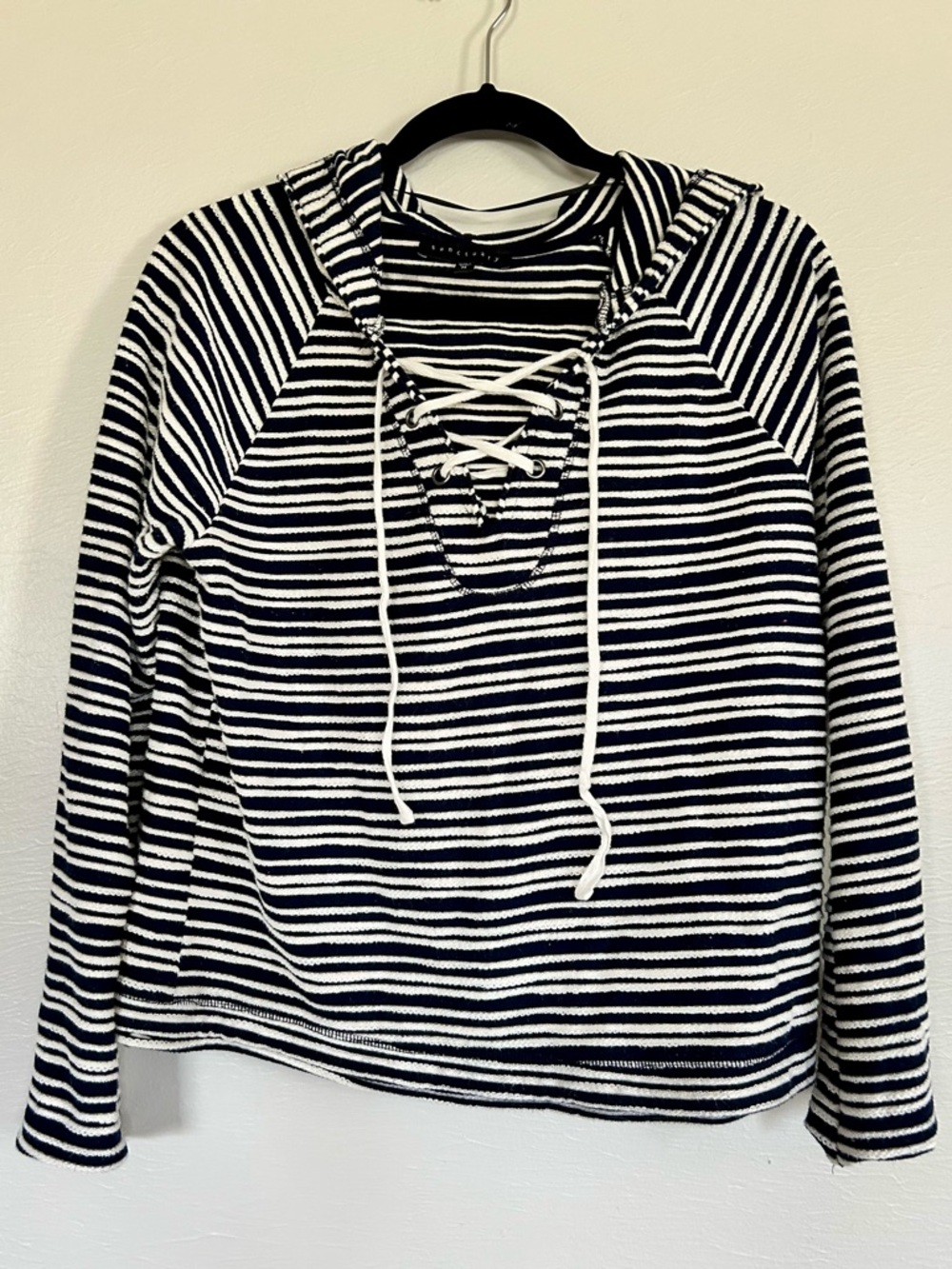 Sanctuary Terry Cloth Knit Striped Navy Blue/White Hoodie Size Medium